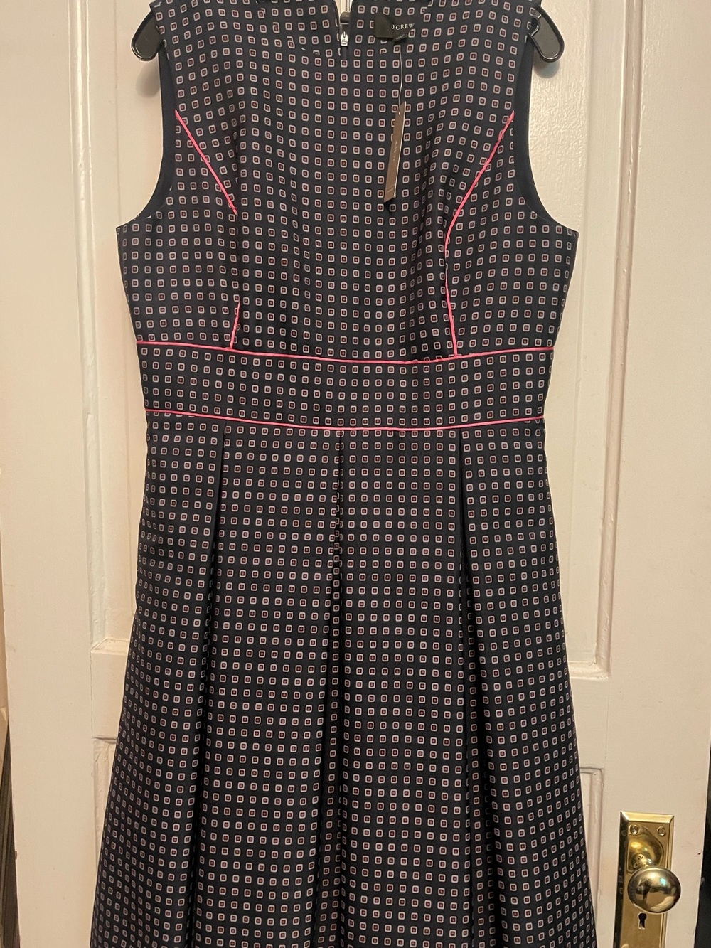 NWT J.Crew Navy Geometric Fit-and-Flare Dress with Pink Piping